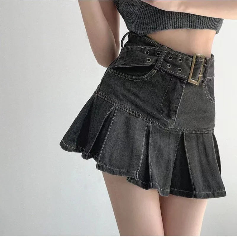 Urban Edge Pleated Denim Skirt