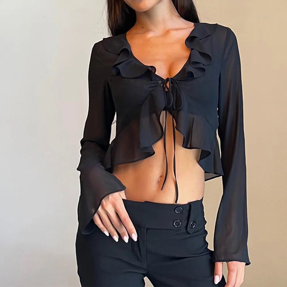 Breezy Ruffle Delight: The Ultimate Flirty Tie - Up Top - MyLittleRave.com