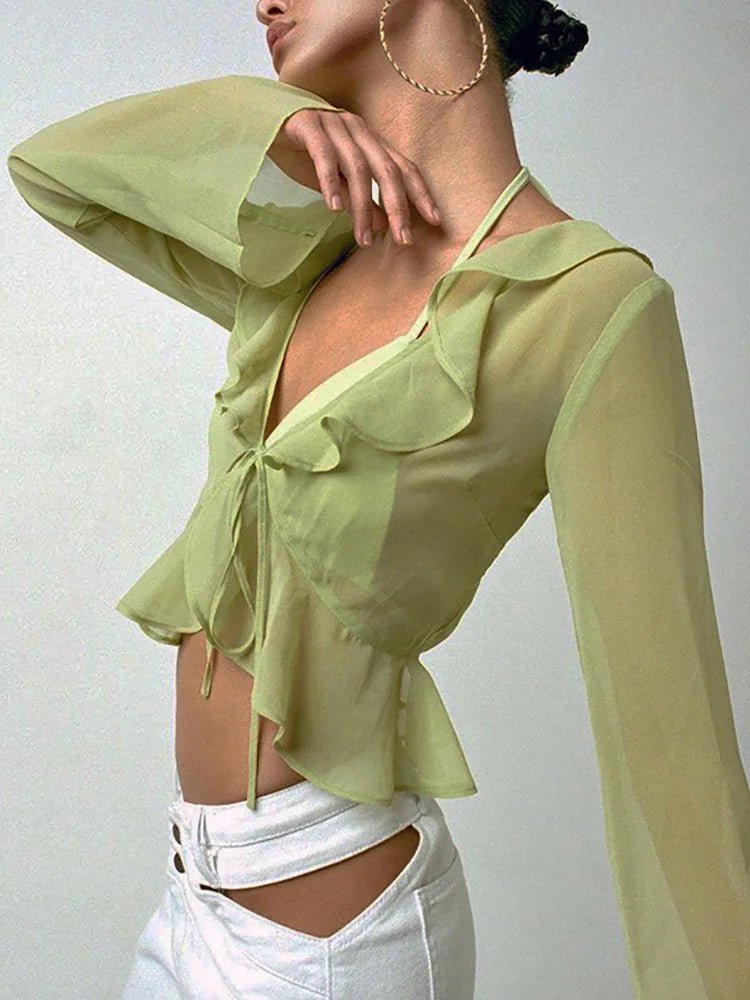 Breezy Ruffle Delight: The Ultimate Flirty Tie - Up Top - MyLittleRave.com