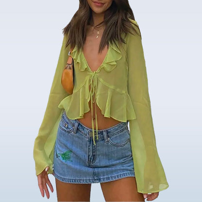 Breezy Ruffle Delight: The Ultimate Flirty Tie - Up Top - MyLittleRave.com