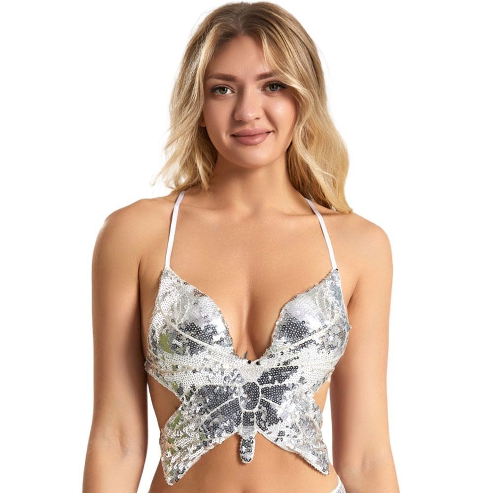 Shiny Butterfly Sequin Crop Top